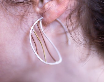 Mixed Metal Half Moon Earrings · Hammered Large Hoop Earring · Artisan Silver Crescent Earring · Half Circle Sterling Earring Copper & Brass