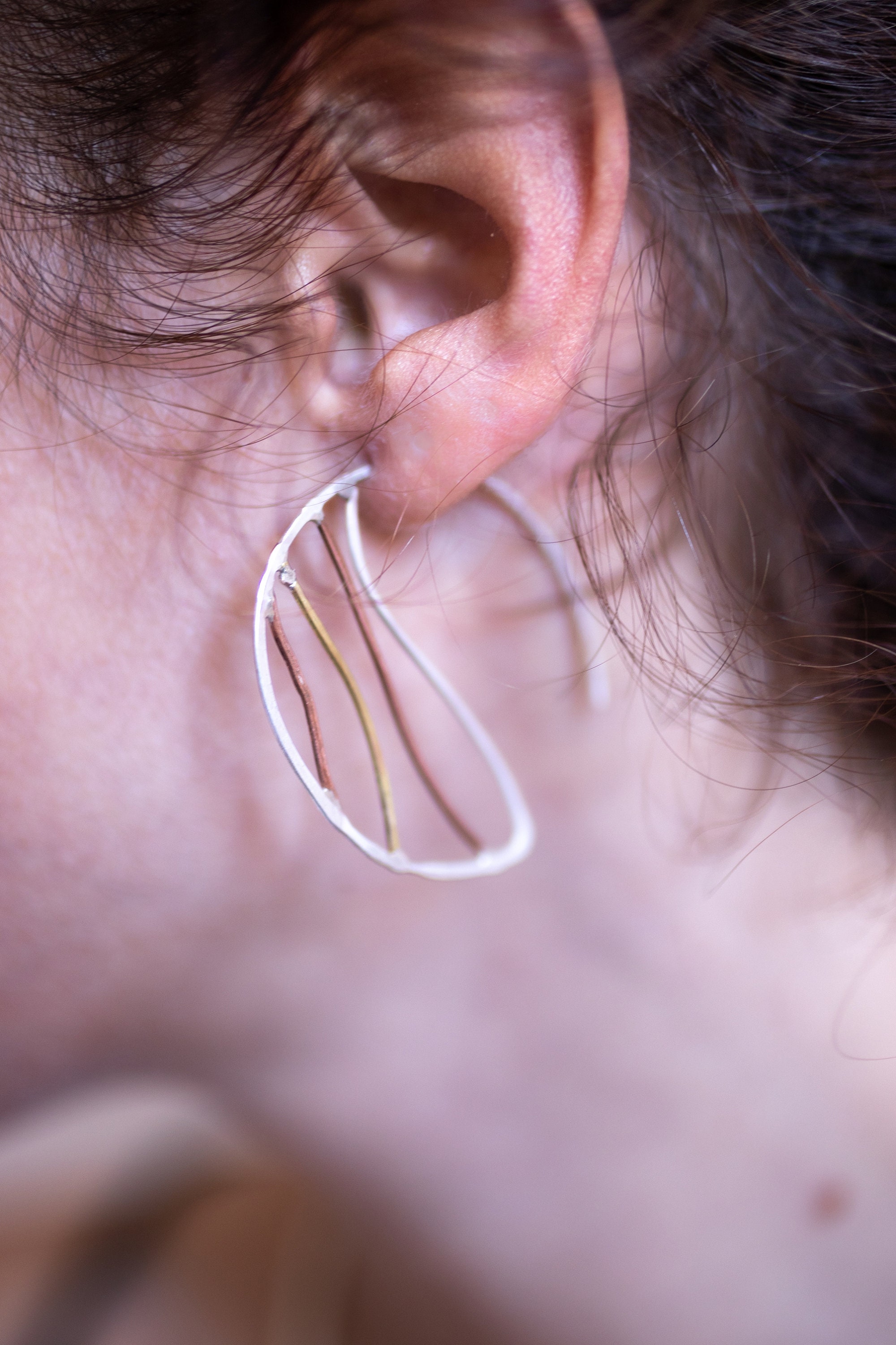 Mixed Metal Half Moon Earrings Hammered Large Hoop Earring - Etsy