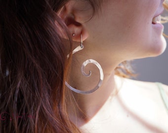 Large Spiral Earrings Dangling • Silver Large Hoop Earrings • Boho Big Sterling Hoops • Big Brass Hoop Earrings • Large Copper Hoop Earrings