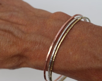 Pure Copper Bangle Set of 3 Copper Brass and Sterling Silver Bracelets · Solid Copper Cuff Bracelet · Stackable Thin Copper Bracelet