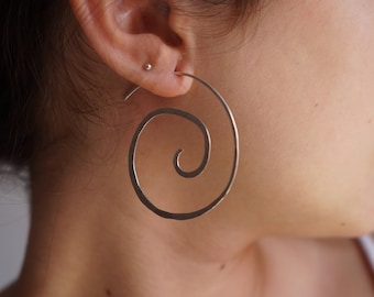 Large Silver Hoop Earrings Hammered · Spiral Earrings · Sterling Hoops · Big Hoop Earrings · Tribal Hoops · African Earrings · Boho Earring