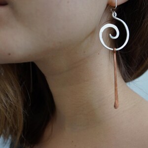 Long Asymmetrical Earring in Silver & Copper , Gold Silver Mismatched Earrings , Edgy Extra large Spiral Earrings image 3