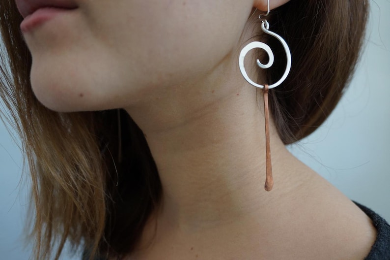 Long Asymmetrical Earring in Silver & Copper , Gold Silver Mismatched Earrings , Edgy Extra large Spiral Earrings image 3