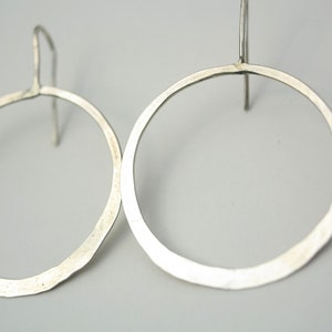 Hoops Earring Sterling Silver Hammered Elegant Handmade Cicle Earring 1 1/2 Medium Hoop 2 Long Gift for Her Recicled Silver Custom image 4