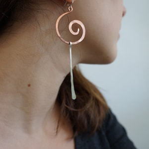 Long Asymmetrical Earring in Silver & Copper , Gold Silver Mismatched Earrings , Edgy Extra large Spiral Earrings Silver - Copper