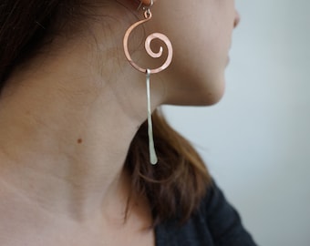 Long Asymmetrical Earring in Silver & Copper , Gold Silver Mismatched Earrings , Edgy Extra large Spiral Earrings