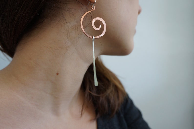 Long Asymmetrical Earring in Silver & Copper , Gold Silver Mismatched Earrings , Edgy Extra large Spiral Earrings Silver - Copper