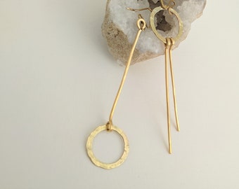 Brass Mismatched Earring Hoops, Original Bronze Asymmetric Earring Minimalist, Dangle Gold Hoop Earrings, Bar Circle Extra Long Edgy Earring