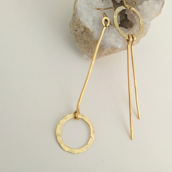 Brass Mismatched Earring Hoops, Original Bronze Asymmetric Earring Minimalist, Dangle Gold Hoop Earrings, Bar Circle Extra Long Edgy Earring