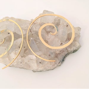 Brass Spiral Earring Hoops Bohemian Big Brass Hoops, Hammered Tribal Spiral Hoop Earring Thin Gold Spiral Earrings Open Hoop Earrings image 4