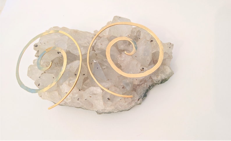 Brass Spiral Earring Hoops Bohemian Big Brass Hoops, Hammered Tribal Spiral Hoop Earring Thin Gold Spiral Earrings Open Hoop Earrings image 4