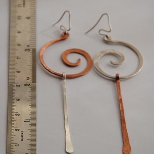 Long Asymmetrical Earring in Silver & Copper , Gold Silver Mismatched Earrings , Edgy Extra large Spiral Earrings image 7