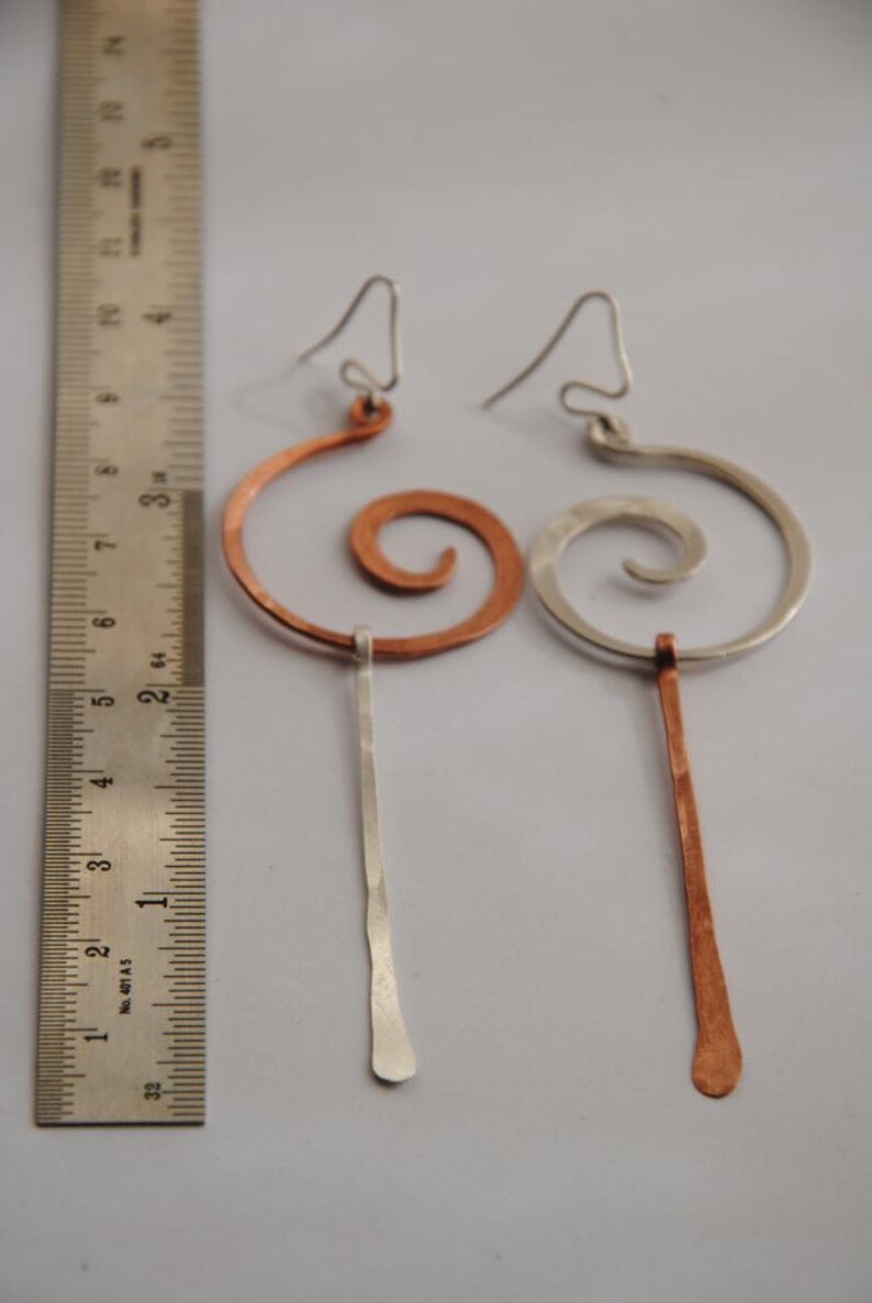 Long Asymmetrical Earring in Silver & Copper , Gold Silver Mismatched Earrings , Edgy Extra large Spiral Earrings image 7