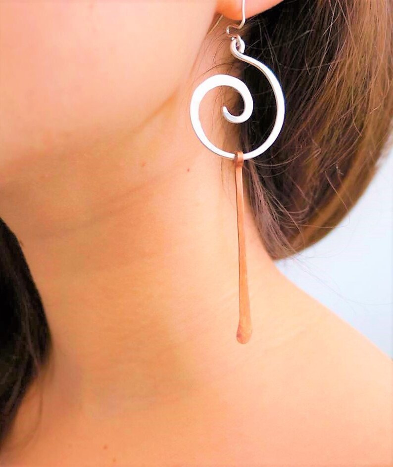 Long Asymmetrical Earring in Silver & Copper , Gold Silver Mismatched Earrings , Edgy Extra large Spiral Earrings image 8