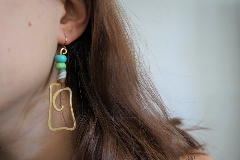 Large Mismatch Earrings Handmade Geometric \u00b7 Big Rectangle Earring Hoop \u00b7 Rainbow Bronze Asymmetrical Earrings \u00b7 Multicolor Square Earring