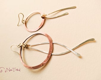 Dangle Long Asymmetric Earrings · Large Silver Copper Earring Hoop · Mismatched Earring · Hammered Big Hoops · Boho Statement Jewelry Gift