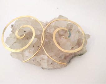 Brass Spiral Earring Hoops · Bohemian Big Brass Hoops, Hammered Tribal Spiral Hoop Earring · Thin Gold Spiral Earrings · Open Hoop Earrings