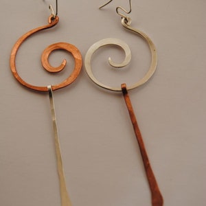 Long Asymmetrical Earring in Silver & Copper , Gold Silver Mismatched Earrings , Edgy Extra large Spiral Earrings image 6