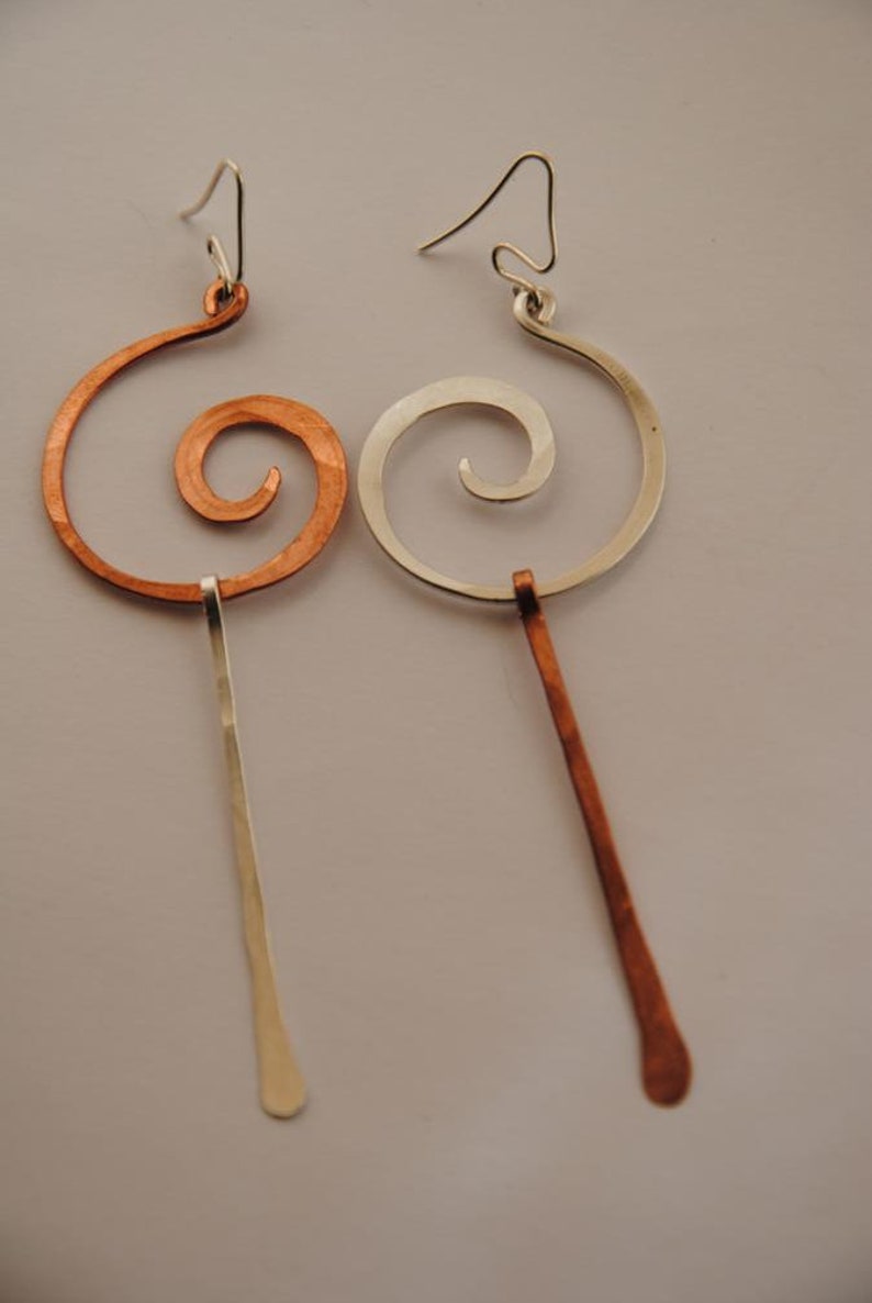 Long Asymmetrical Earring in Silver & Copper , Gold Silver Mismatched Earrings , Edgy Extra large Spiral Earrings image 6