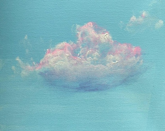Op de afbeelding: Origineel schilderij van een wolkenlandschap. Het kunstwerk toont een lichtblauwe lucht met een grote wolk in het midden en een kleinere wolk rechts. De wolken zijn geschilderd met roze en witte tinten.