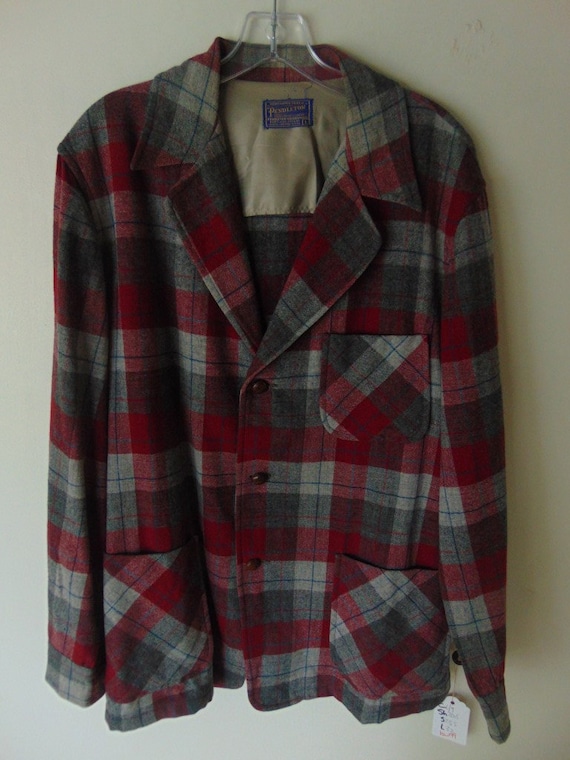 lsw100 1960's Pendleton Red/Silver Plaid Wool Vint