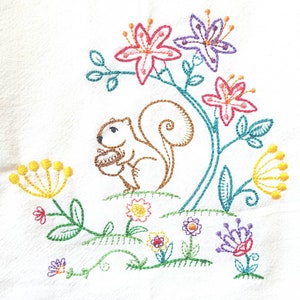 May include: An embroidered design featuring a squirrel holding a nut, surrounded by colourful flowers and leaves. The design is stitched onto a white fabric.