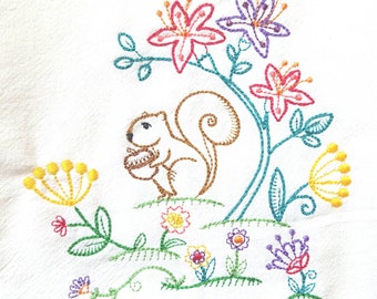 May include: Embroidered design of a squirrel holding a nut, surrounded by colorful flowers and leaves. The design is stitched on a white fabric.