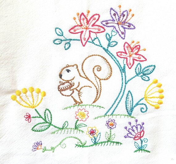Squirrel Treasure Machine Embroidered Flour Sack Dish Towel