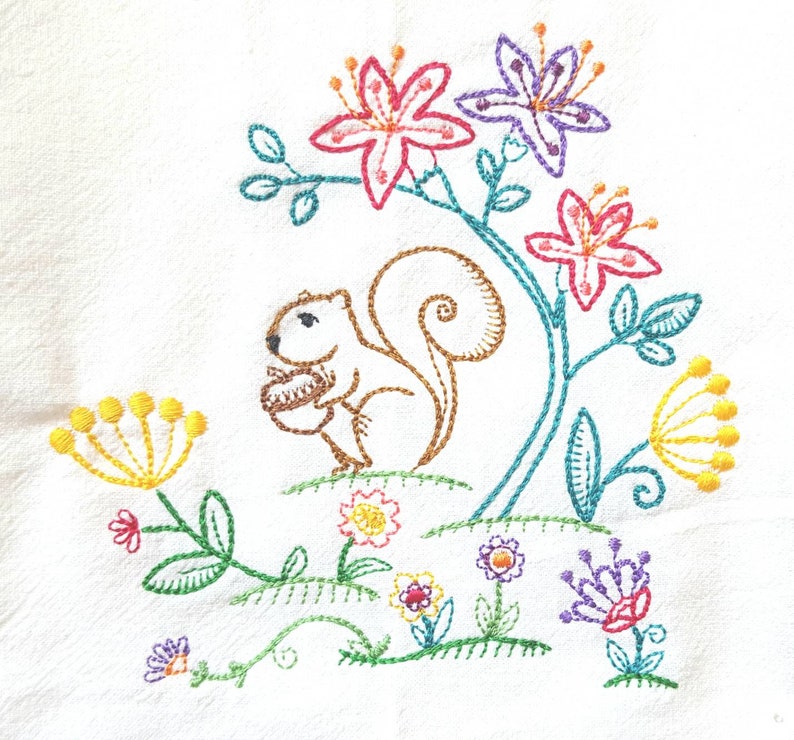 May include: An embroidered design featuring a squirrel holding a nut, surrounded by colourful flowers and leaves. The design is stitched onto a white fabric.