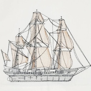 May include: A black and white line drawing of a tall ship with multiple sails. The ship has a large, detailed hull and a tall mast with multiple sails.