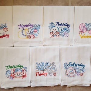 Beach Days of the Week Machine Embroidered Flour Sack Dish Towels