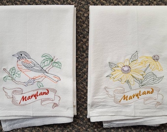 Maryland State Bird Baltimore Oriole OR State Flower Black Eyed Susan Machine Embroidered Flour Sack Dish Towels