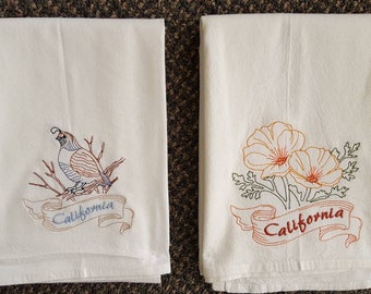 California State Bird Quail OR State Flower California Poppy Machine Embroidered Flour Sack Dish Towel