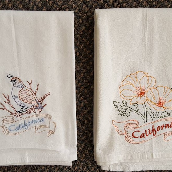 California State Bird Quail OR State Flower California Poppy Machine Embroidered Flour Sack Dish Towel