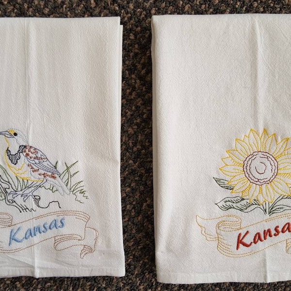 Kansas State Bird Western Meadowlark OR State Flower Sunflower Machine Embroidered Flour Sack Dish Towels