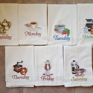 Coffee Days of the Week Machine Embroidered Flour Sack Dish Towels