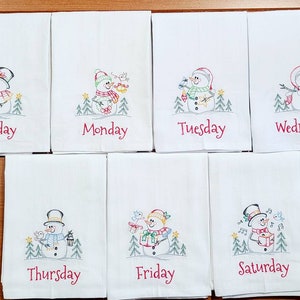 Vintage Christmas Snowman Days of the Week Machine Embroidered Flour Sack Dish Towels