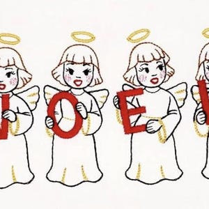 Op de afbeelding: Vier engelen die rode letters vasthouden die het woord "NOEL" spellen. Elke engel heeft een halo en draagt een witte robe.