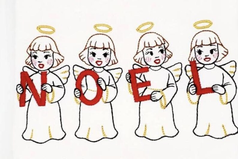 Op de afbeelding: Vier engelen die rode letters vasthouden die het woord "NOEL" spellen. Elke engel heeft een halo en draagt een witte robe.