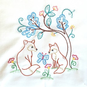 Friendly Fox Gathering Machine Embroidered Flour Sack Dish Towel