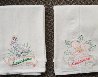 Louisiana State Bird Eastern Brown Pelican OR State Flower Magnolia Machine Embroidered Flour Sack Dish Towels