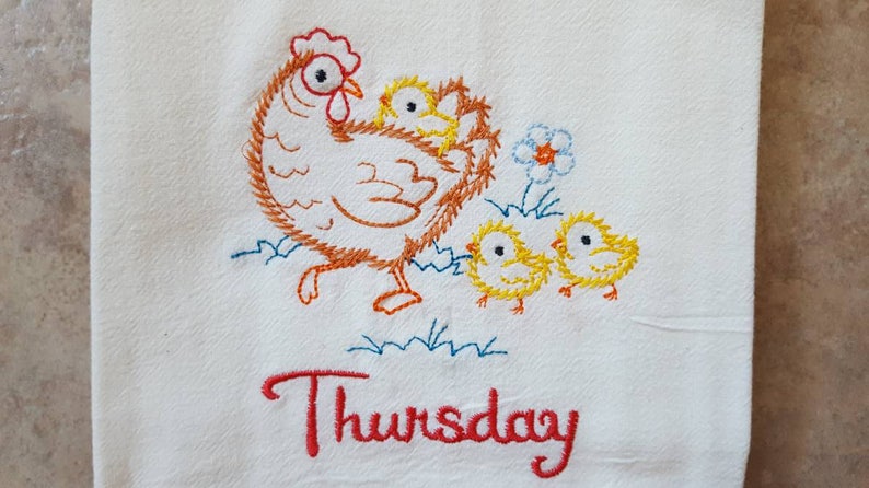 Chicken Days of the Week Machine Embroidered Flour Sack Dish Towels Thursday Towel