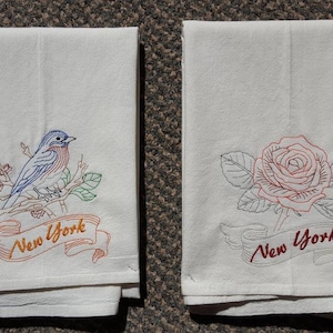 New York State Bird Bluebird OR State Flower Rose Machine Embroidered Flour Sack Dish Towels