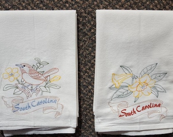 South Carolina State Bird Great Carolina Wren OR State Flower Carolina Jessamine Machine Embroidered Flour Sack Dish Towels