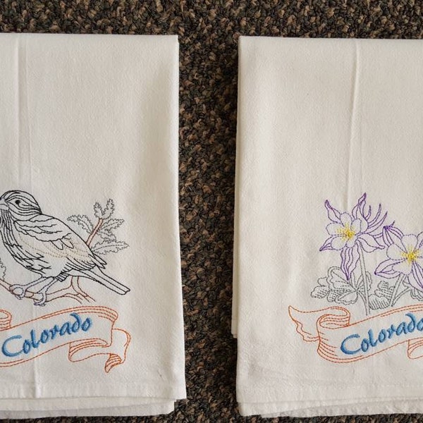 Colorado State Bird Lark Bunting OR State Flower Columbine Machine Embroidered Flour Sack Dish Towels