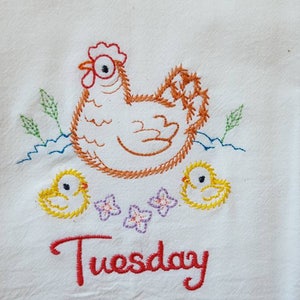 Chicken Days of the Week Machine Embroidered Flour Sack Dish Towels Tuesday Towel