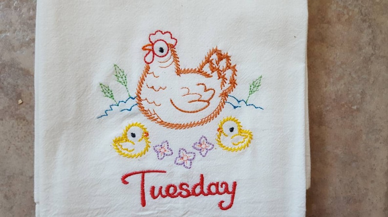 Chicken Days of the Week Machine Embroidered Flour Sack Dish Towels Tuesday Towel