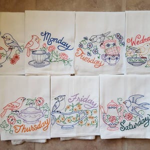Tea Time Days of the Week Embroidered Flour Sack Dish Towels