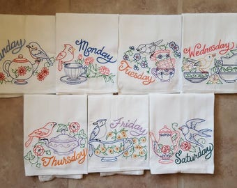 Tea Time Days of the Week Embroidered Flour Sack Dish Towels