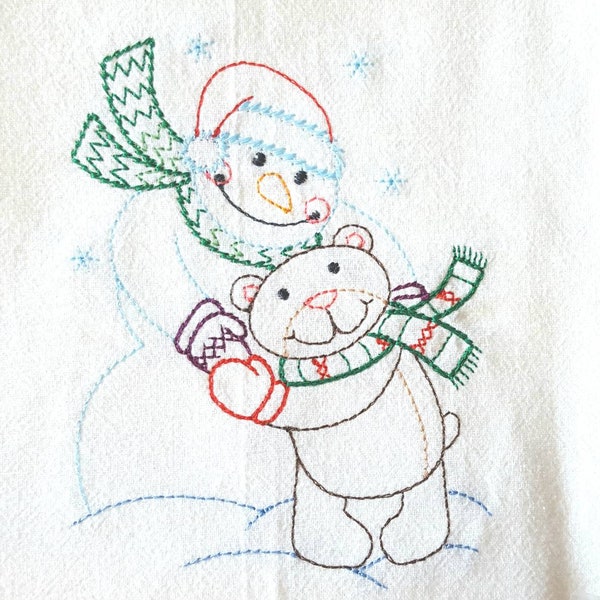 Snowman and Teddy Bear Machine Embroidered Flour Sack Dish Towel